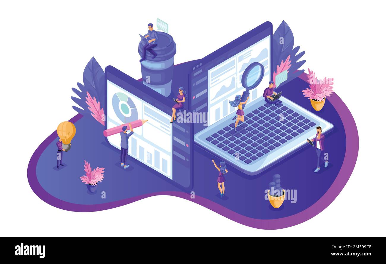 Isometric design SEO analytics. Search engine optimization analysis concept. IT specialists working around web pages. Stock Vector