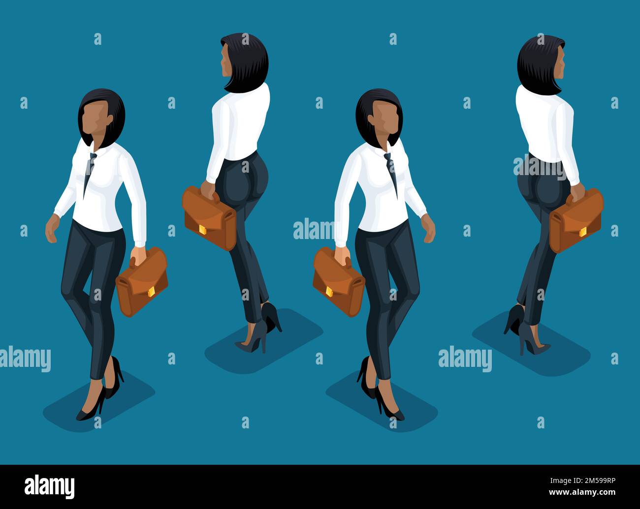 Isometry is a business woman. 3d girl of an African American office worker, in business trousers and a blouse front view and rear view in motion. Girl Stock Vector