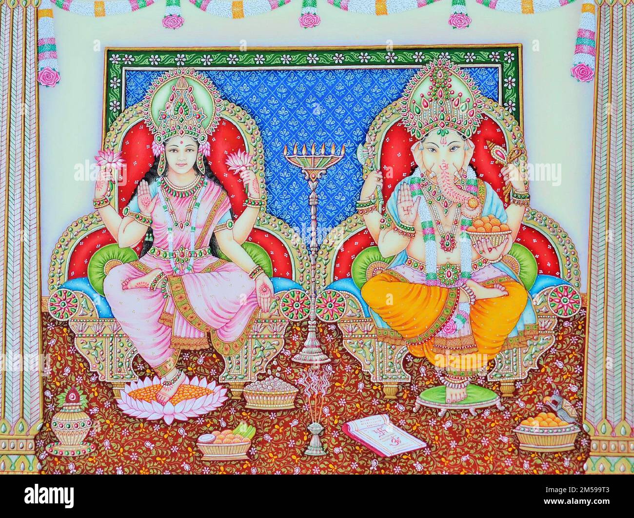 Goddess Lakshmi and Lord Ganesh sitting throne fineart painting Stock