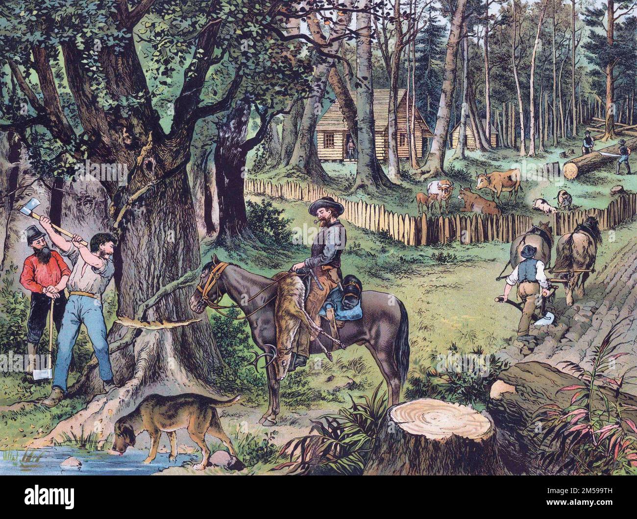 A German settlement in 19th century America.  After a work by F.J. Schreiber. Stock Photo