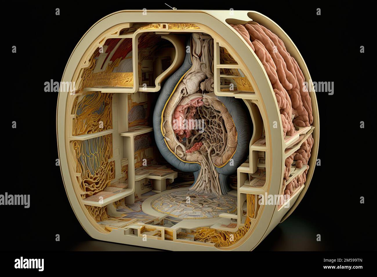 A cross-section of a cyborg's sci-fi fantasy human organ isolated on black background. These technologically advanced organs can provide augmented Stock Photo