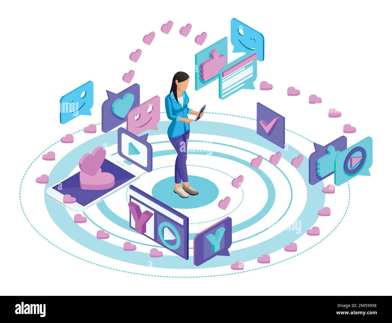 Isometric young girl with a smartphone, leads her blog in a social network, writes and watches video, leads a love correspondence. Stock Vector