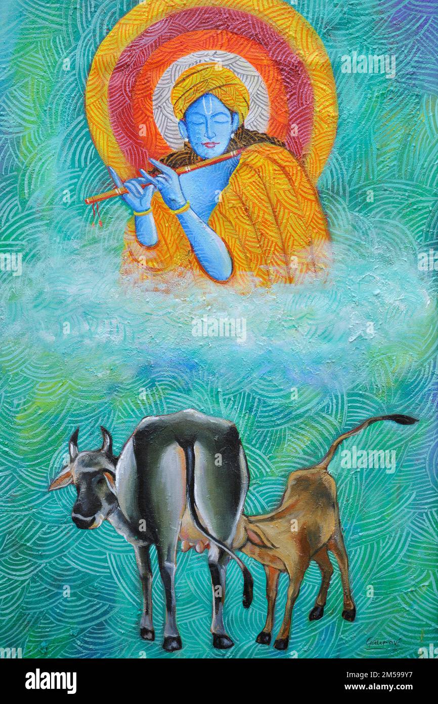 Lord Krishna playing flute with cow calf artwork painting Stock Photo