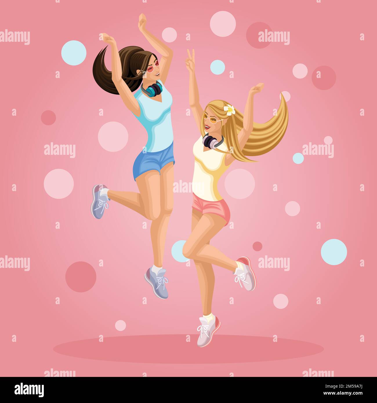 Isometrics young girls are happy, jumping, having fun, hair developing in the wind teenager, generation Z, bright background summer clothes. Stock Vector