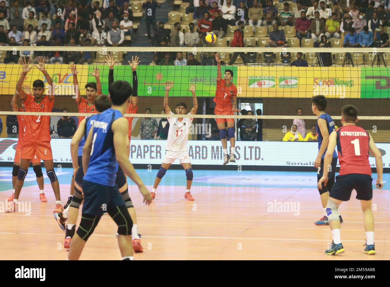 Bangabandhu Asian Central Zone U-23 Men’s International Volleyball Championship at the Shaheed Suhrawardy indoor stadium in Mirpur, Dhaka, Bangladesh. Stock Photo