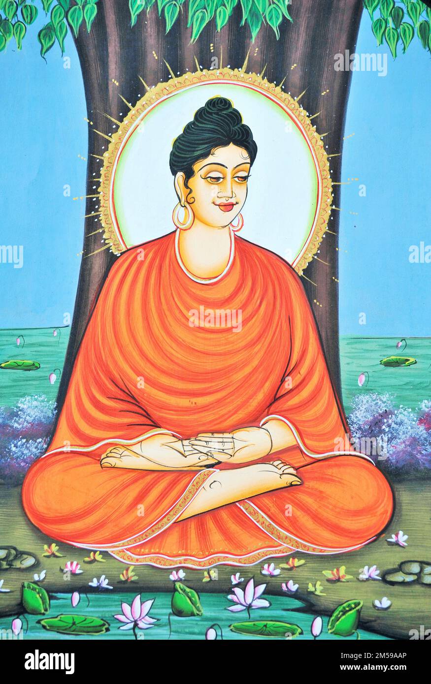 Lord Buddha meditating under tree artwork painting Stock Photo