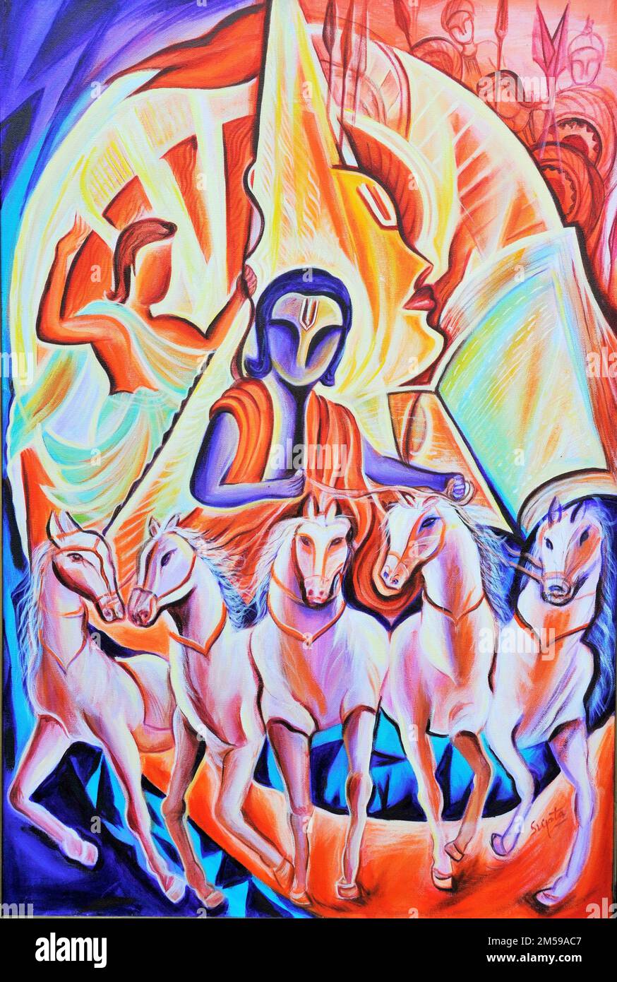Lord Krishna riding horses artwork painting Stock Photo