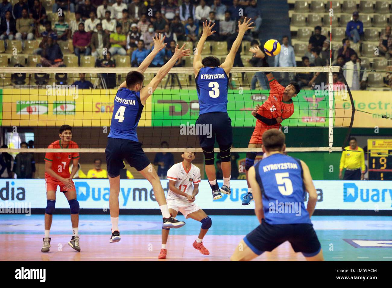 Bangabandhu Asian Central Zone U-23 Men’s International Volleyball Championship at the Shaheed Suhrawardy indoor stadium in Mirpur, Dhaka, Bangladesh. Stock Photo