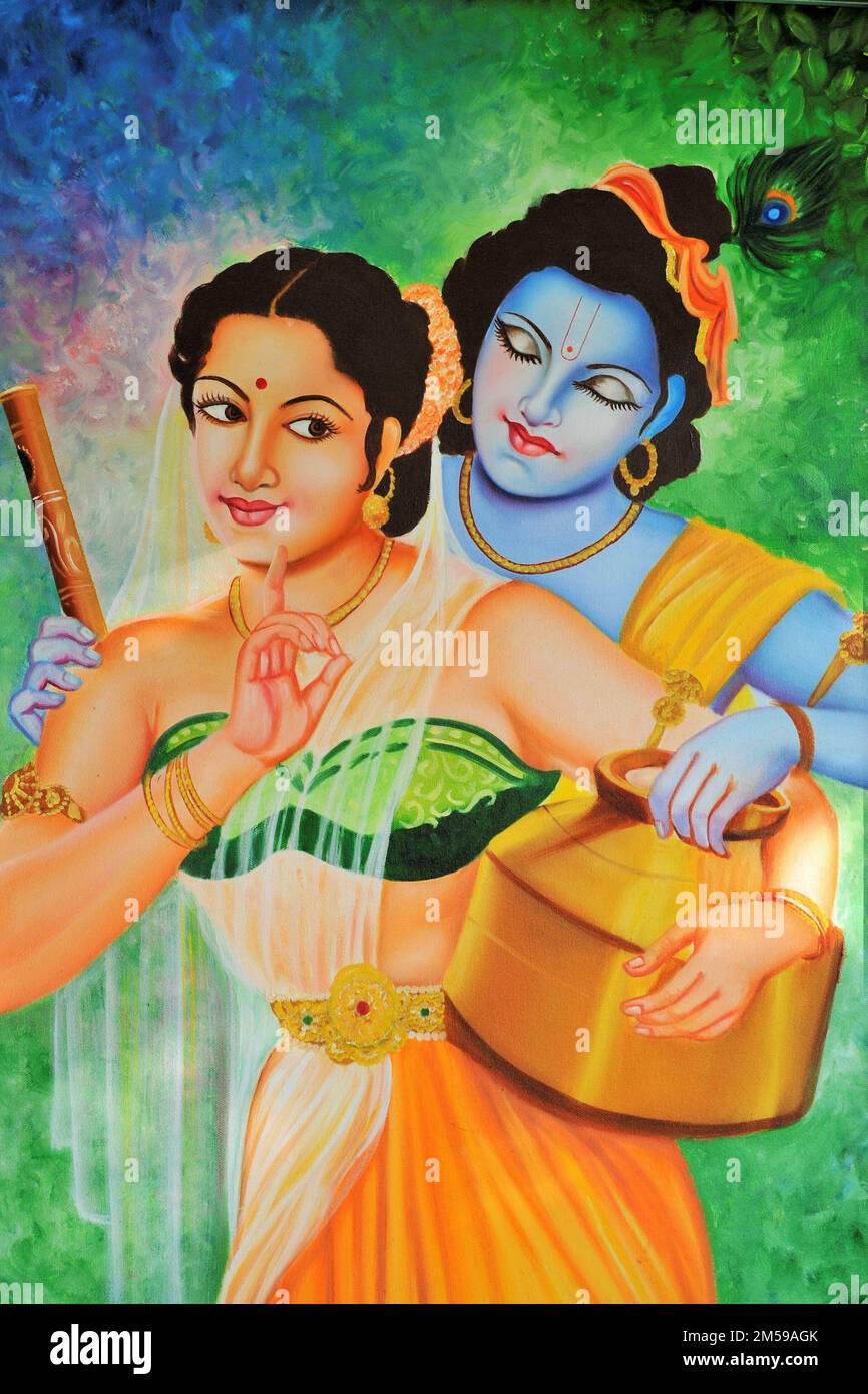 Radha carrying pot Krishna flirting artwork painting Stock Photo