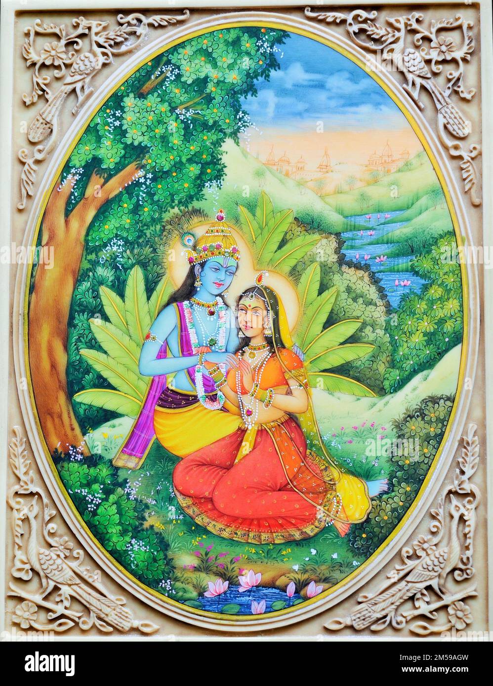 Radha Krishna loving garden artwork painting Stock Photo