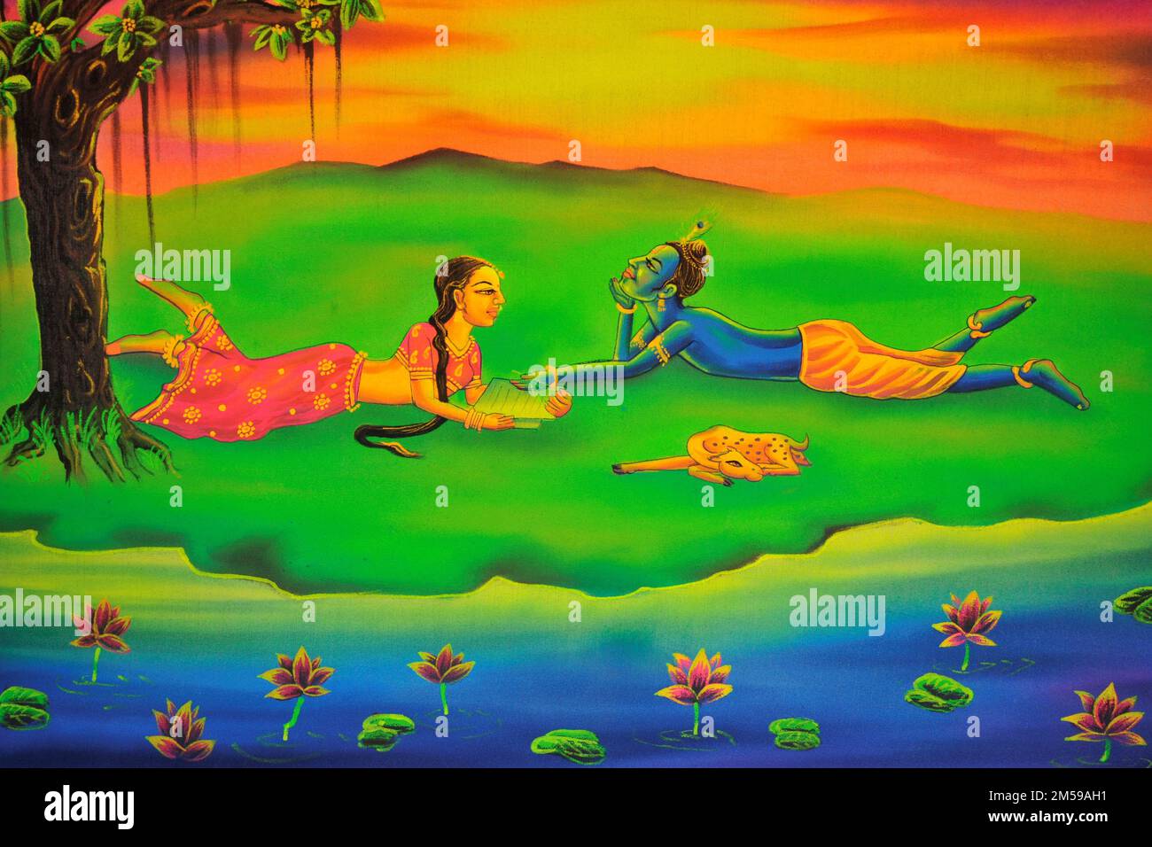 Radha Krishna playing garden artwork painting Stock Photo