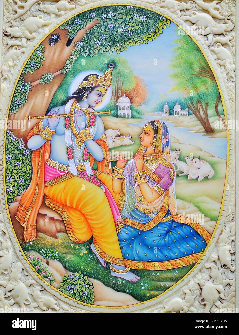Radha Krishna playing flute garden artwork painting Stock Photo Alamy
