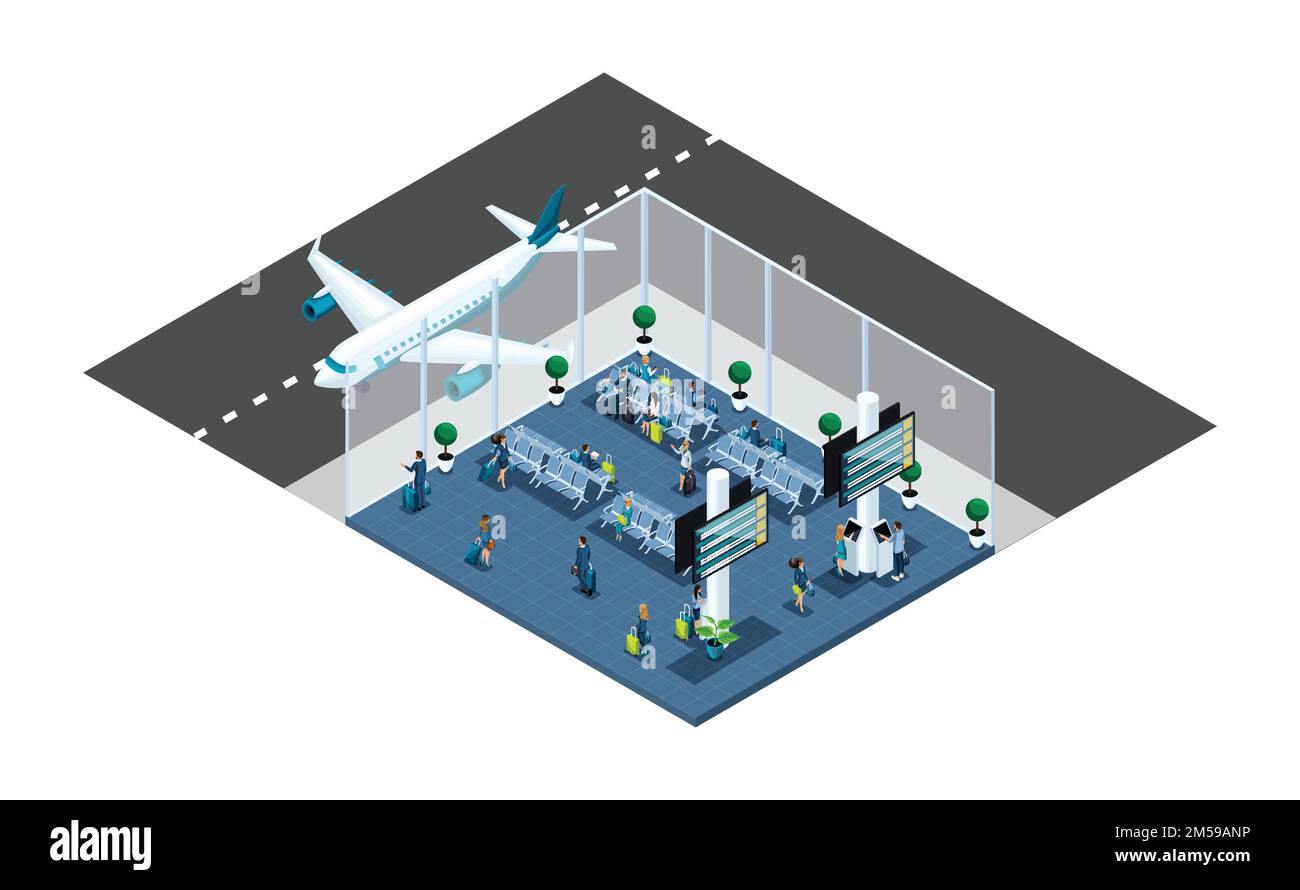 Isometric is a large airport hall, waiting room, a transaction area, passengers are waiting for boarding with a luggage, business trip, window aircraf Stock Vector
