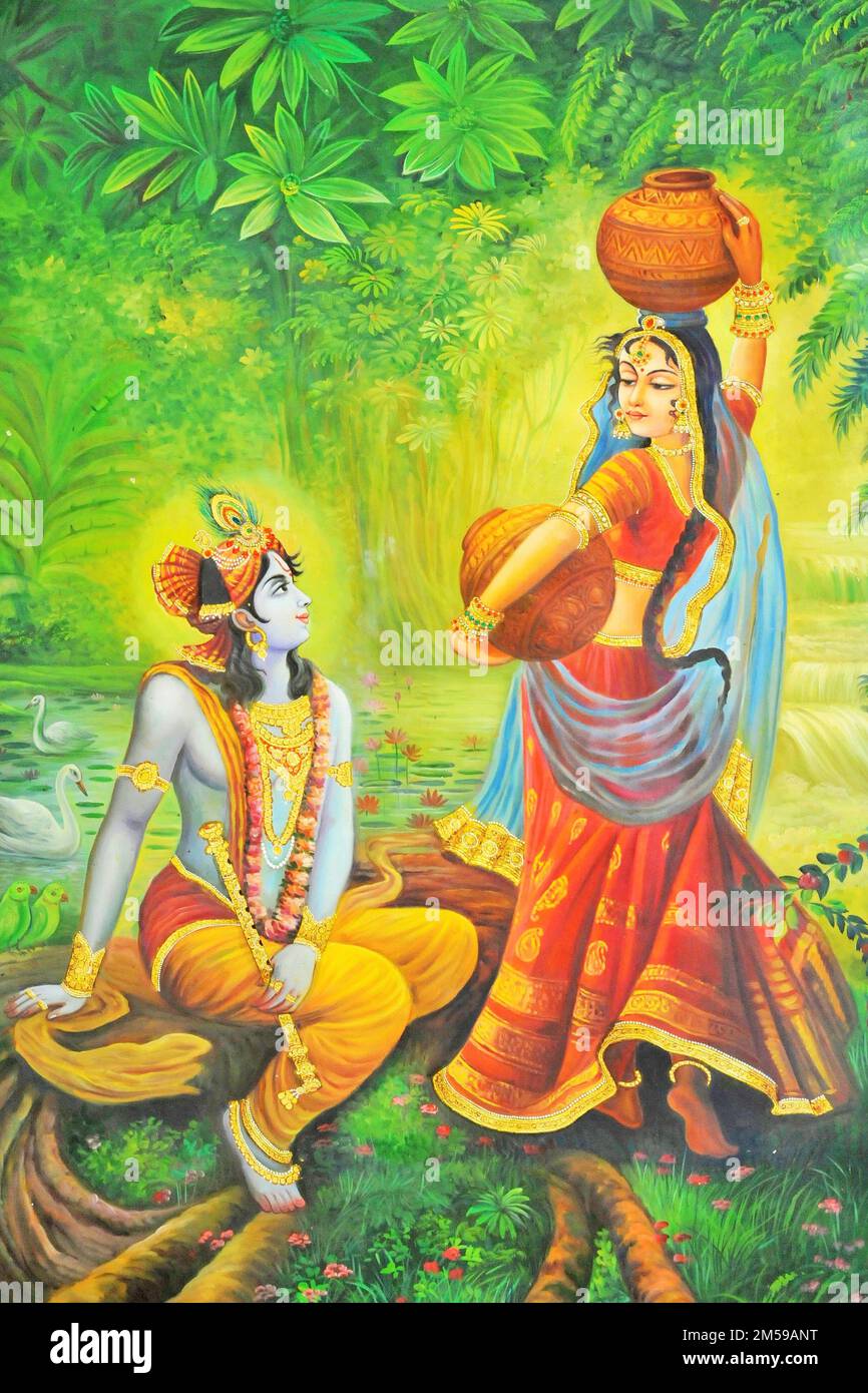 Radha carrying pots with Krishna artwork painting Stock Photo