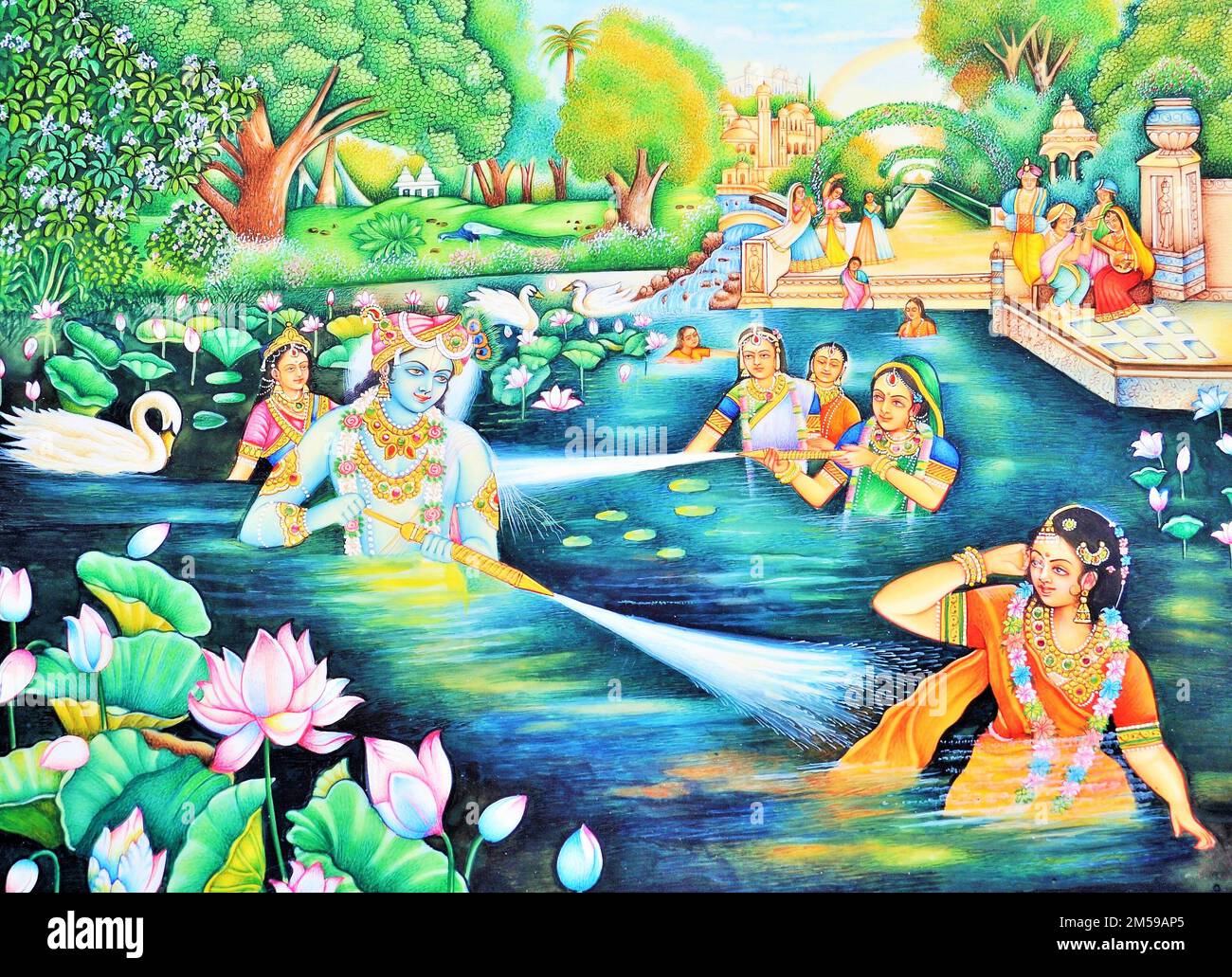 Radha Krishna playing Holi festival artwork painting Stock Photo