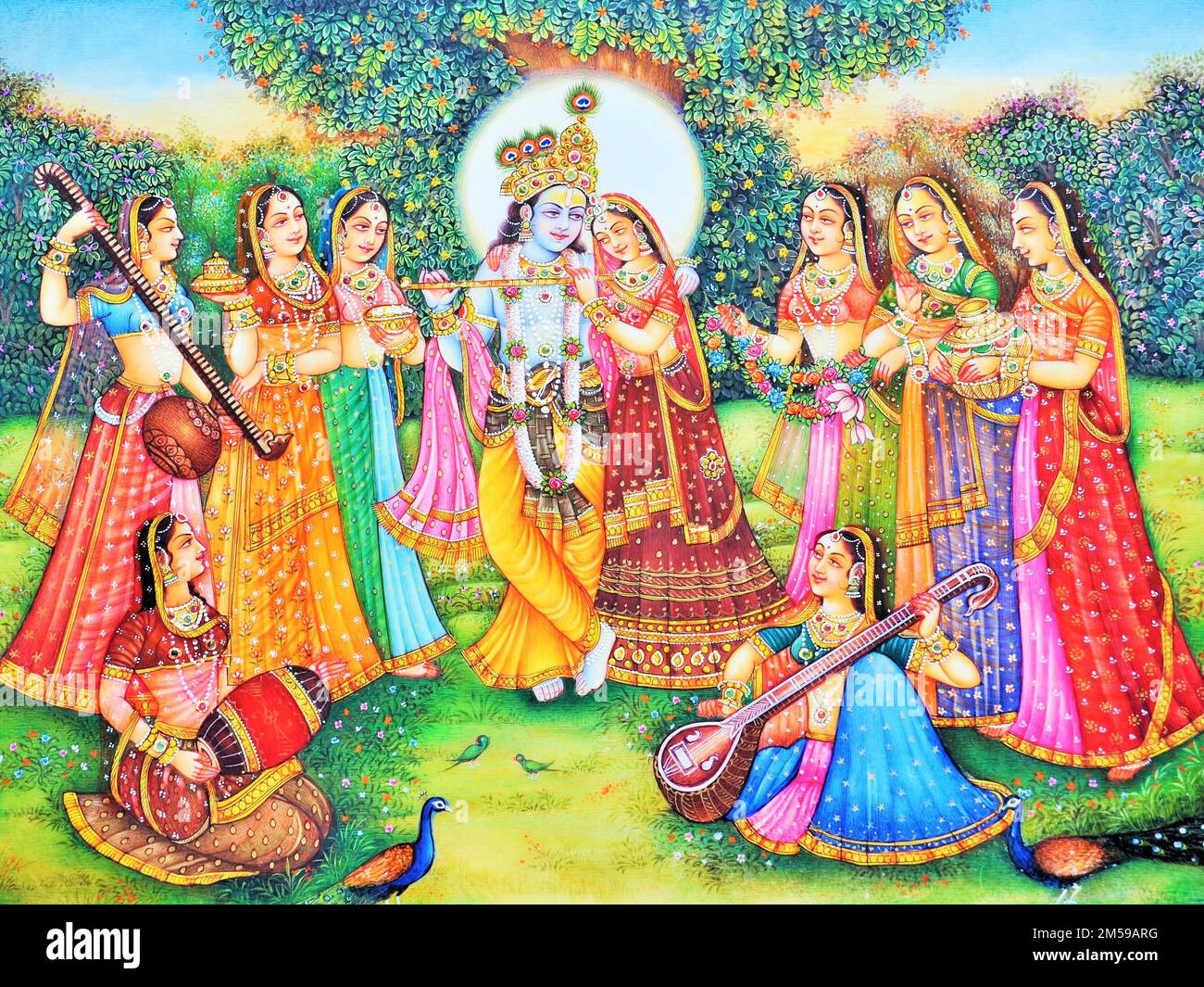 Radha Krishna with gopis artwork painting Stock Photo
