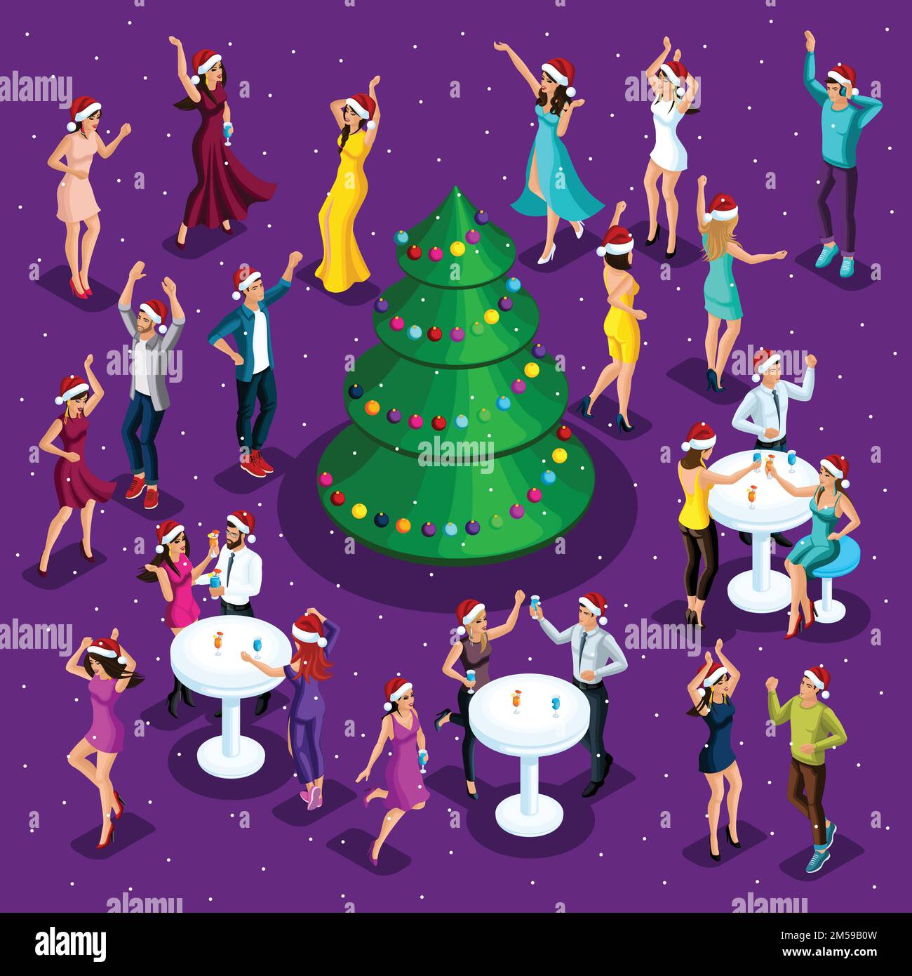 Isometric celebration of Christmas, 3d dancing, happiness of a man and a woman are having fun, festive Christmas tree in the center, corporate party, Stock Vector