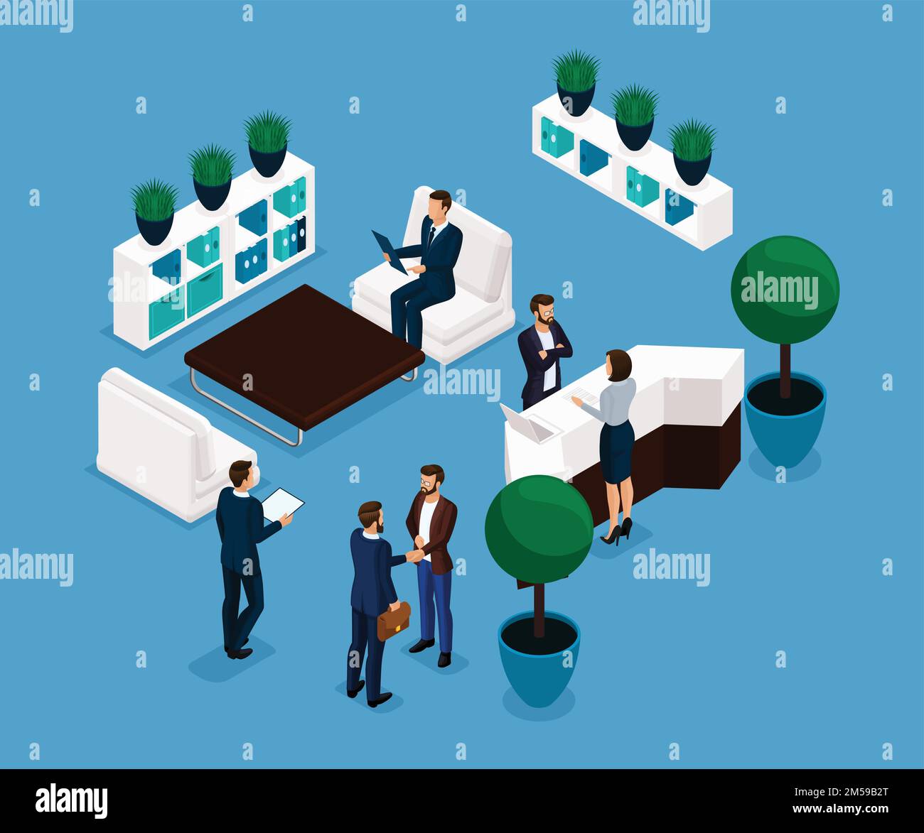 Trend isometric people, reception room rear view, business concept, meeting, handshake, brainstorming, businessmen in suits insulated. Vector illustra Stock Vector