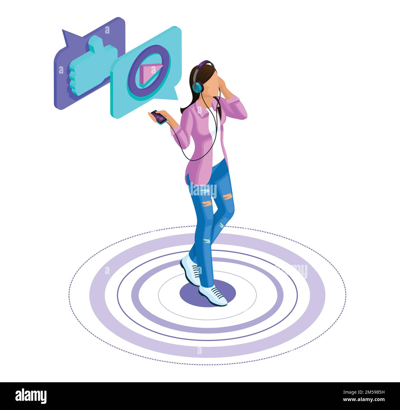 Isometric girl listens to music, watches video, puts likes on a smartphone, social networks, claimed video blogs, communication on the Internet. Stock Vector