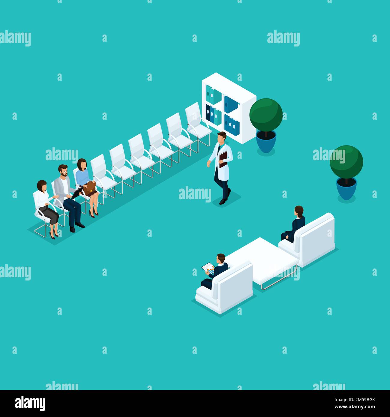 Trendy isometric people, waiting at the doctor's office, in turn
