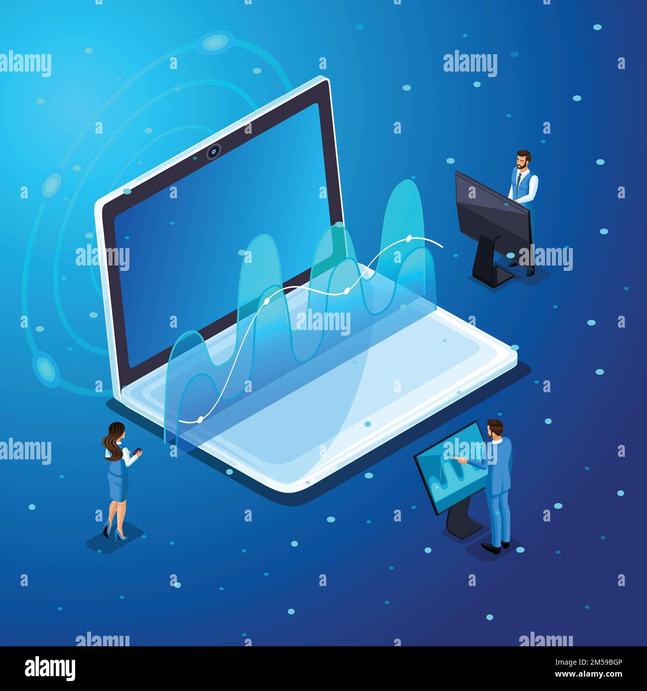 Isometric businessmen with gadgets, work on virtual screens, on-line management of electronic devices, high-tech. Character Emotions for vector illust Stock Vector