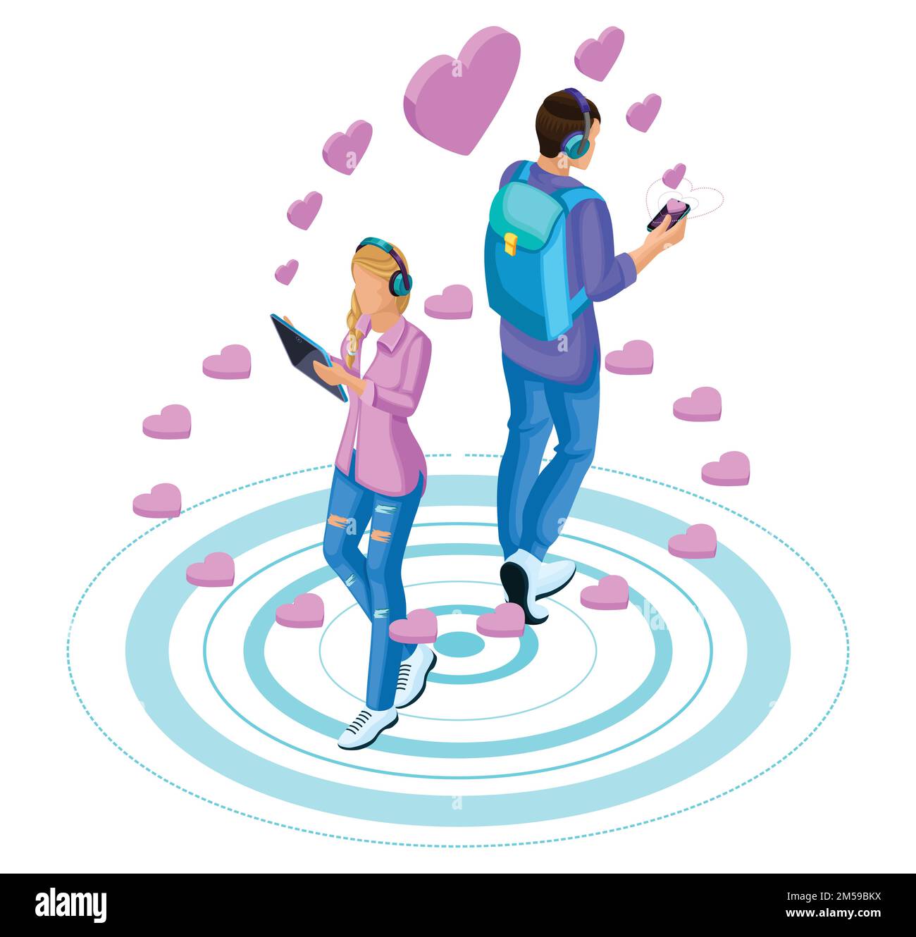Isometry girl and boyfriend are in love with the social network through modern gadgets. Love bright concept. Stock Vector