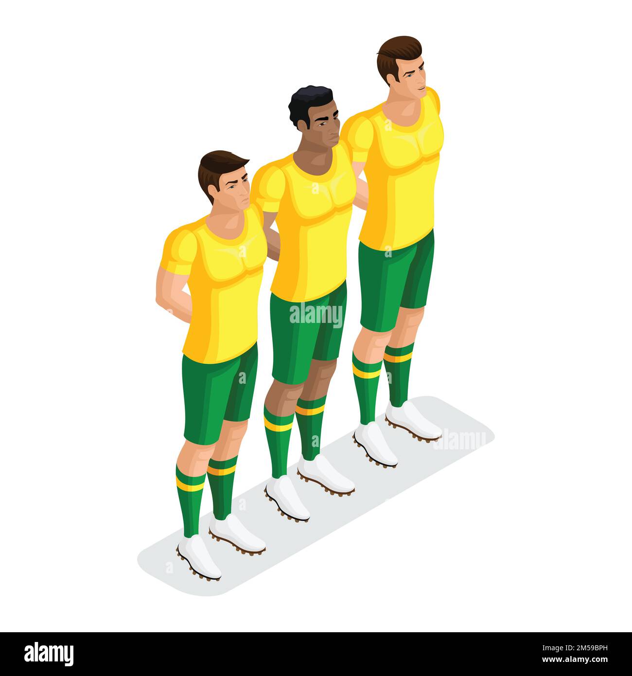 Isometric players football stand out, men of different in one team. Football match Stock Vector