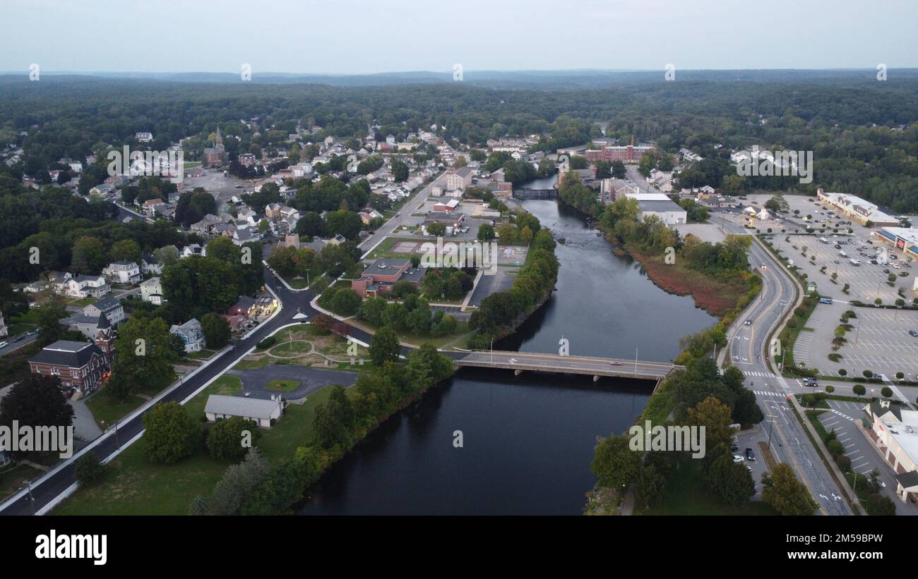 An aerial view of a small town Putnam, Connecticut with a river running through it Stock Photo