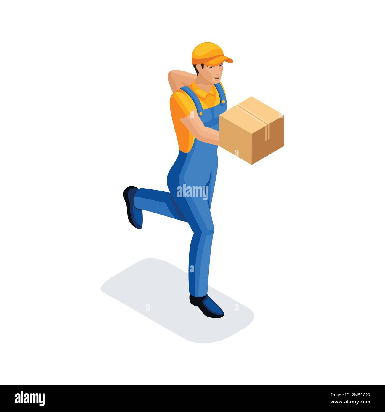 Isometric man in uniform is running delivering an order in a cardboard box. Delivery Concept. Fast delivery van. Delivery man. 3D character of emotion Stock Vector