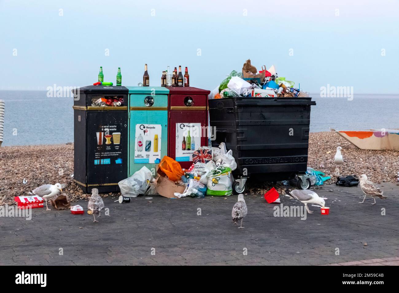 England, East Sussex, Brighton, Brighton Beach, Overflowing Rubbish