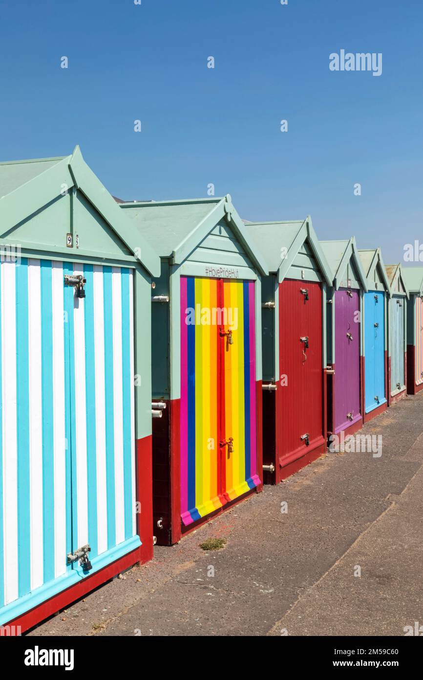 England, East Sussex, Brighton, Hove, Row of Colourful Beach Huts *** Local Caption ***  UK,United Kingdom,Great Britain,Britain,England,English,Briti Stock Photo