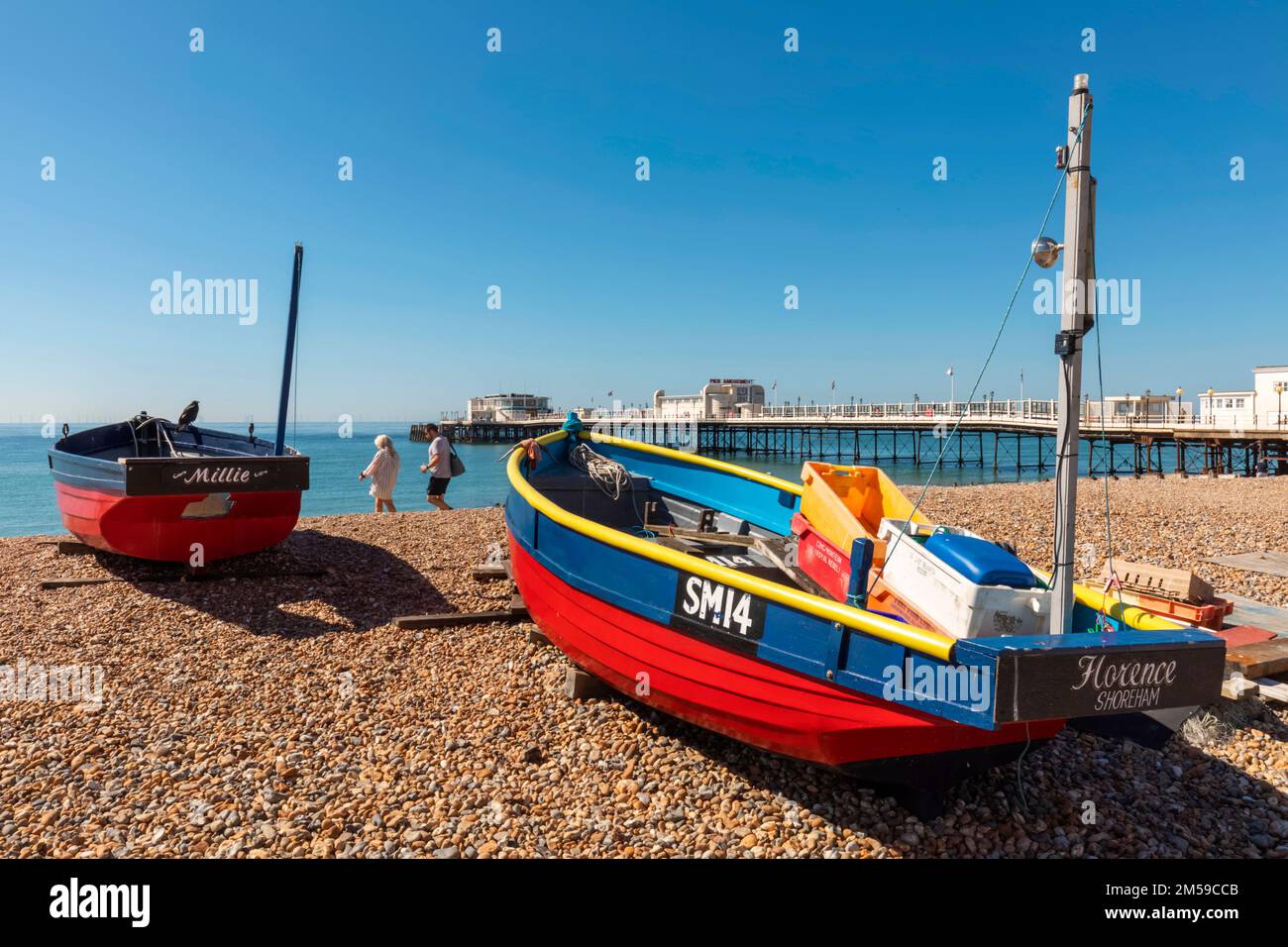 England, West Sussex, Worthing, Worthing Beach, Colourful Fishing Boats and Worthing Pier *** Local Caption ***  UK,United Kingdom,Great Britain,Brita Stock Photo