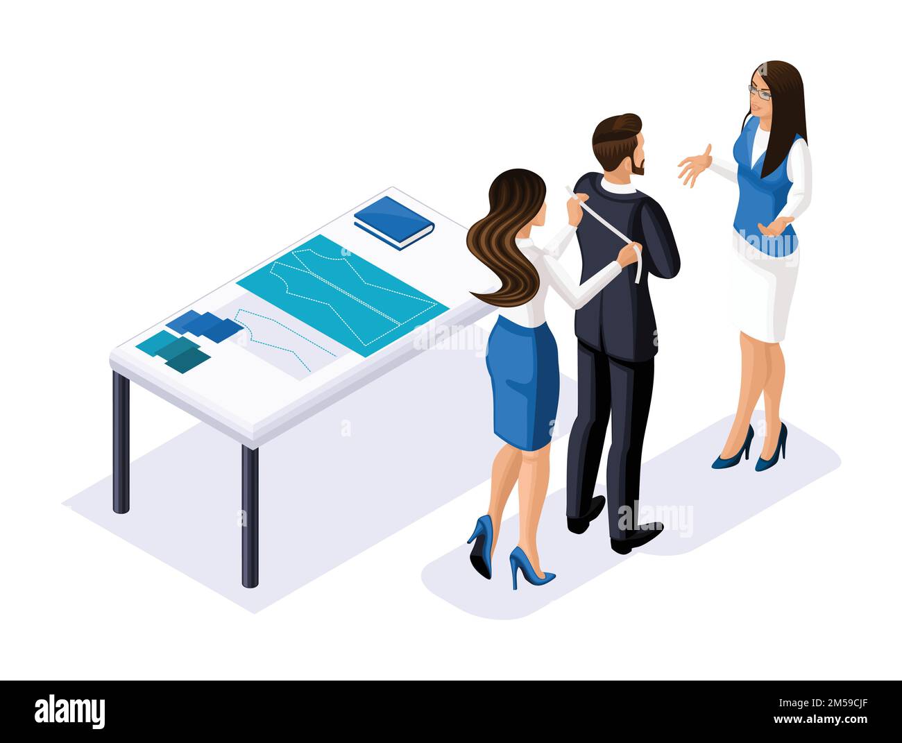 Isometrics tailor, the designer works with the client, business lady talks to the businessman, studio, workshop. The entrepreneur working for himself, Stock Vector