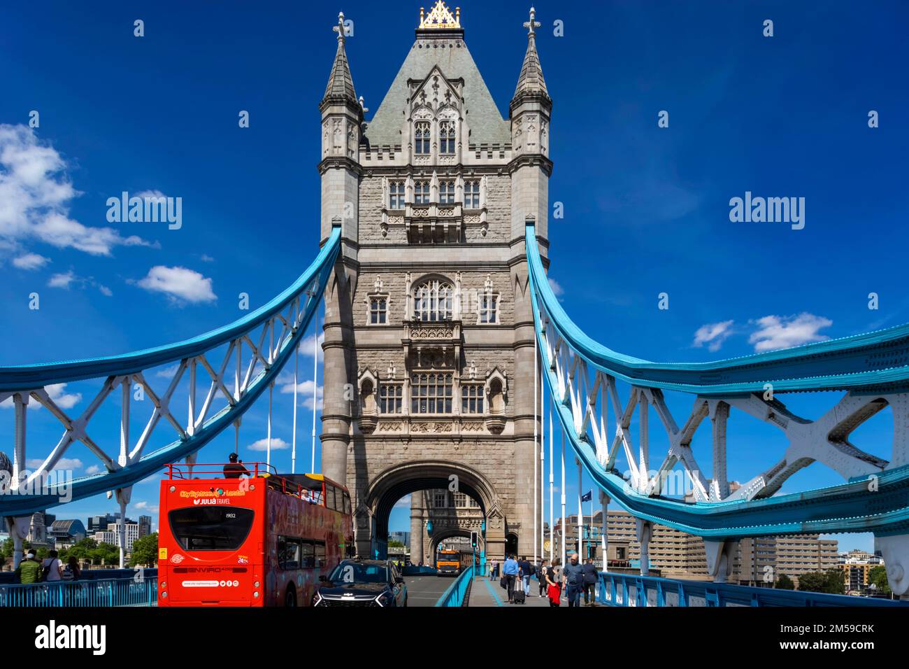 Tower Bridge with Red  Double Decker Bus in the Daytime, London, England *** Local Caption ***  UK,United Kingdom,Great Britain,Britain,British,Englis Stock Photo