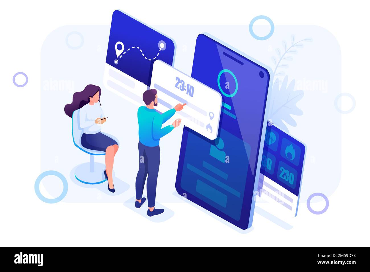 Isometric concept Young People are working with a fitness bracelet management App. Header concept. Concept for web design. Stock Vector