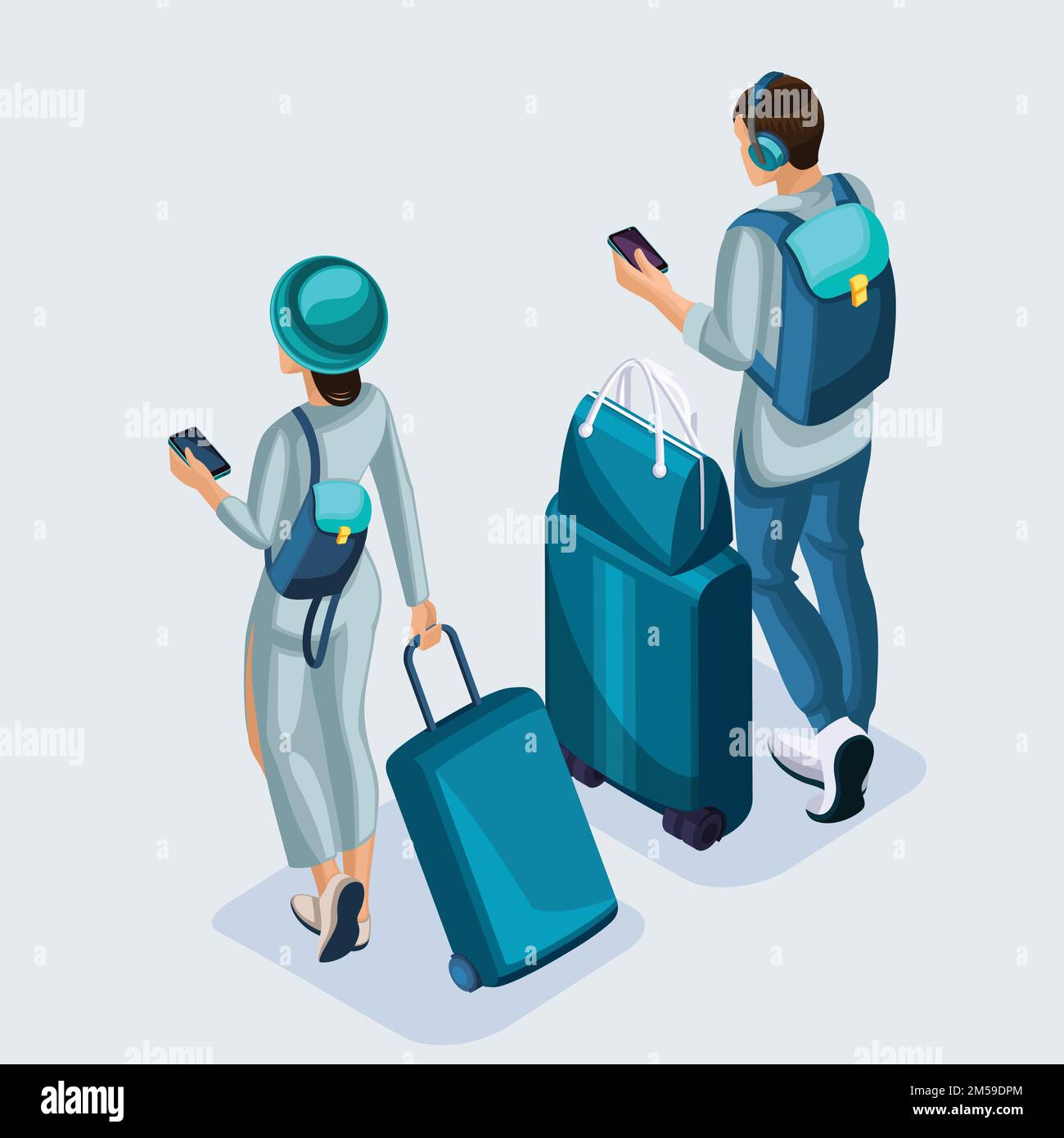 Isometric young girl and man at the airport, suitcases, things. Teenagers go on vacation through the international airport. Stock Vector