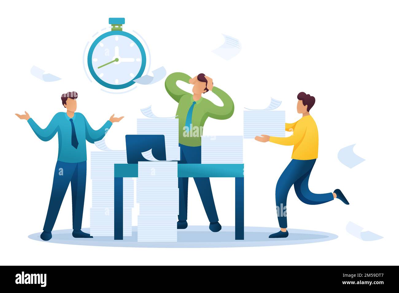 Stressful situation at work reporting deadline, employees in panic. Flat 2D character. Concept for web design. Stock Vector