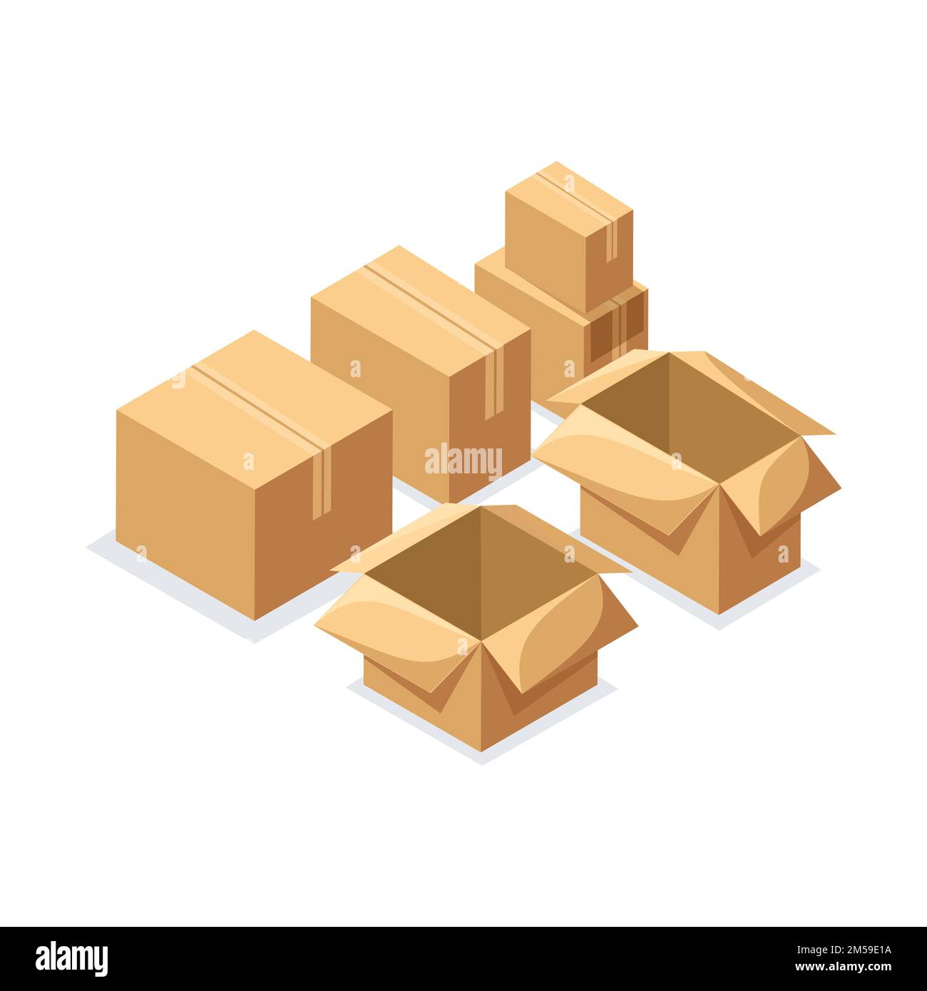 Isometry A set of cardboard boxes of various shapes, closed and open