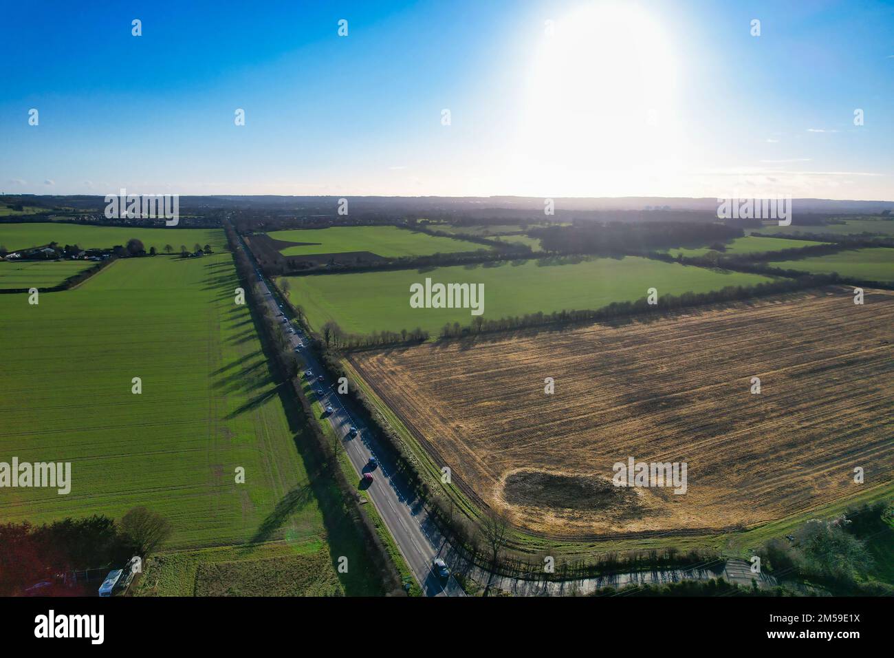 High Angle Footage of British Countryside Landscape at Sharpenhoe Clappers Bedfordshire England, Tourist Point of Hills and British Farms, Stock Photo