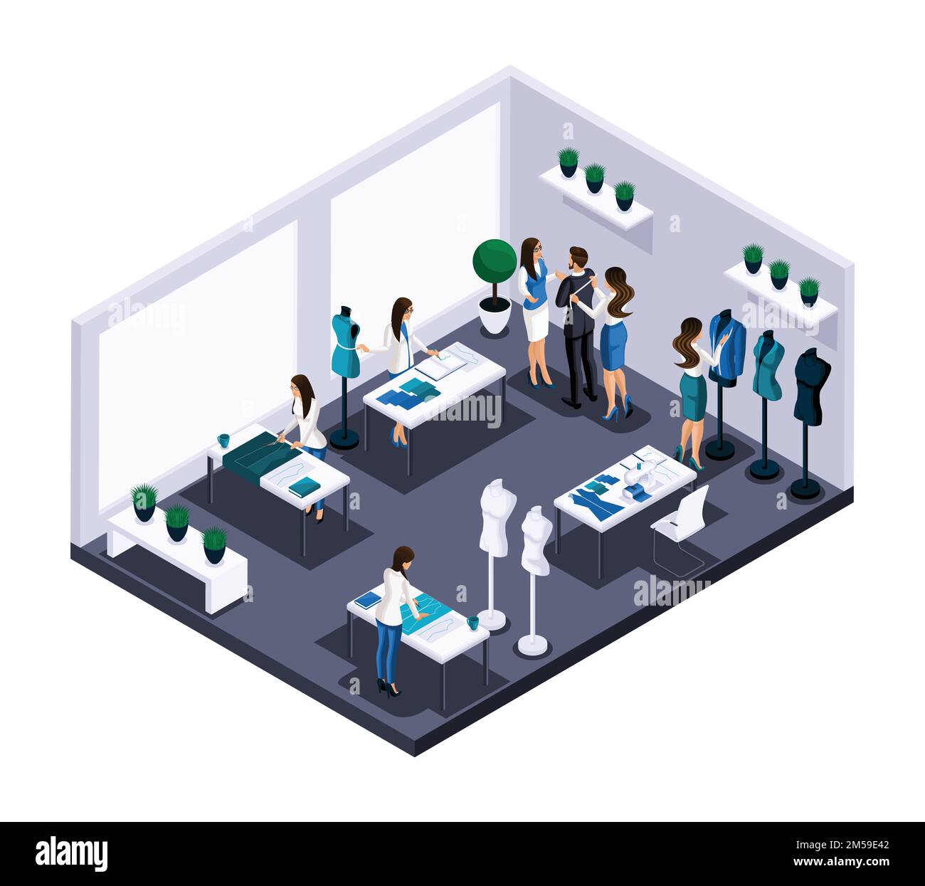 Isometric tailor room atelier process of sewing workshop work, customer ...