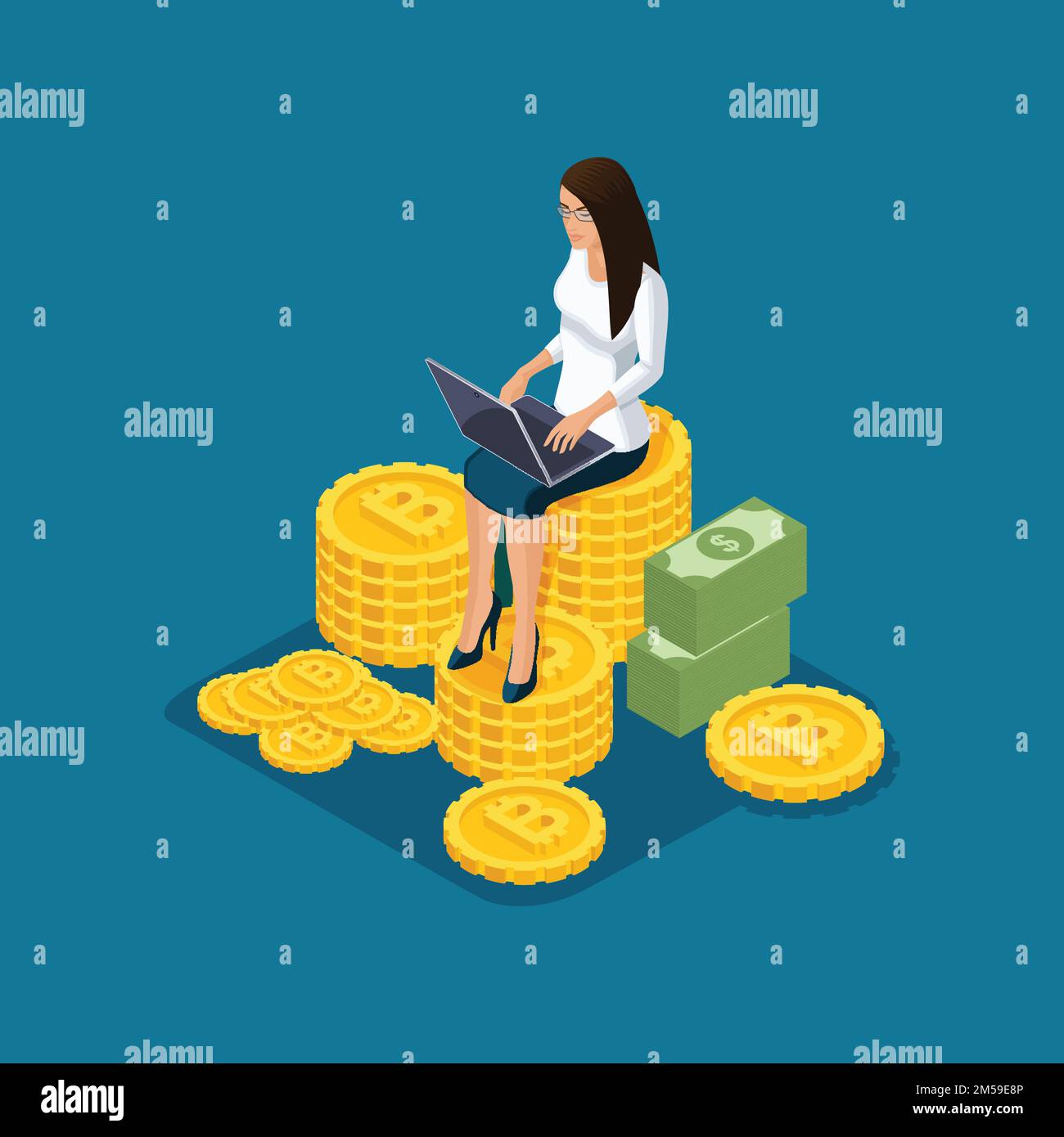 Isometric business lady sits on a large pile of cash and ico blockchain cryptocurrency mining, startup project isolated vector illustration. Stock Vector