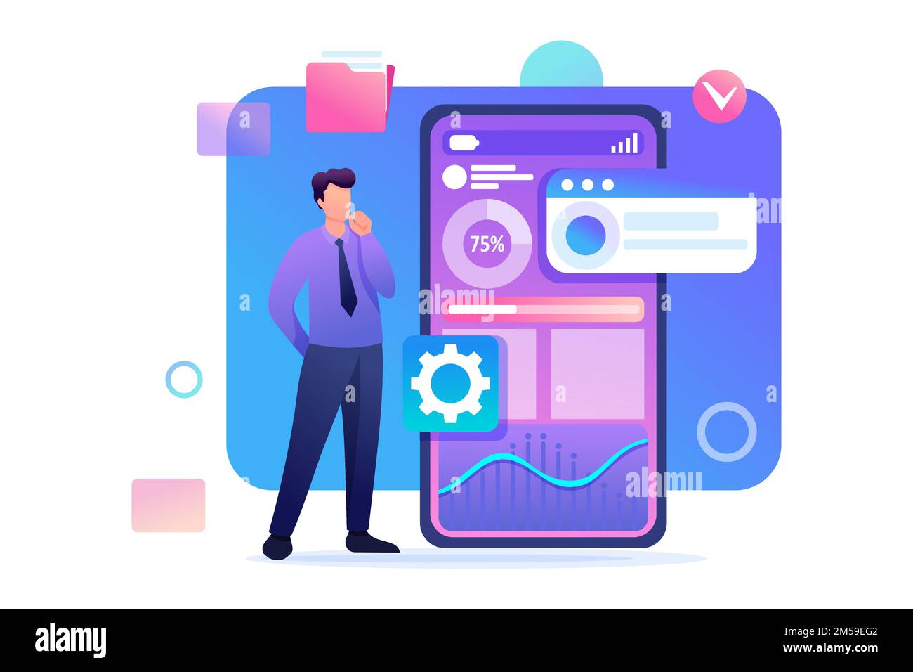 Young man is developing a Mobile application for data collection. Flat 2D character. Concept for web design. Stock Vector