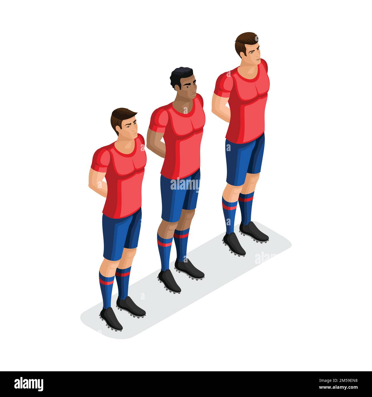 Isometric players football stand out, men of different races in one team. Football match, set 2. Stock Vector