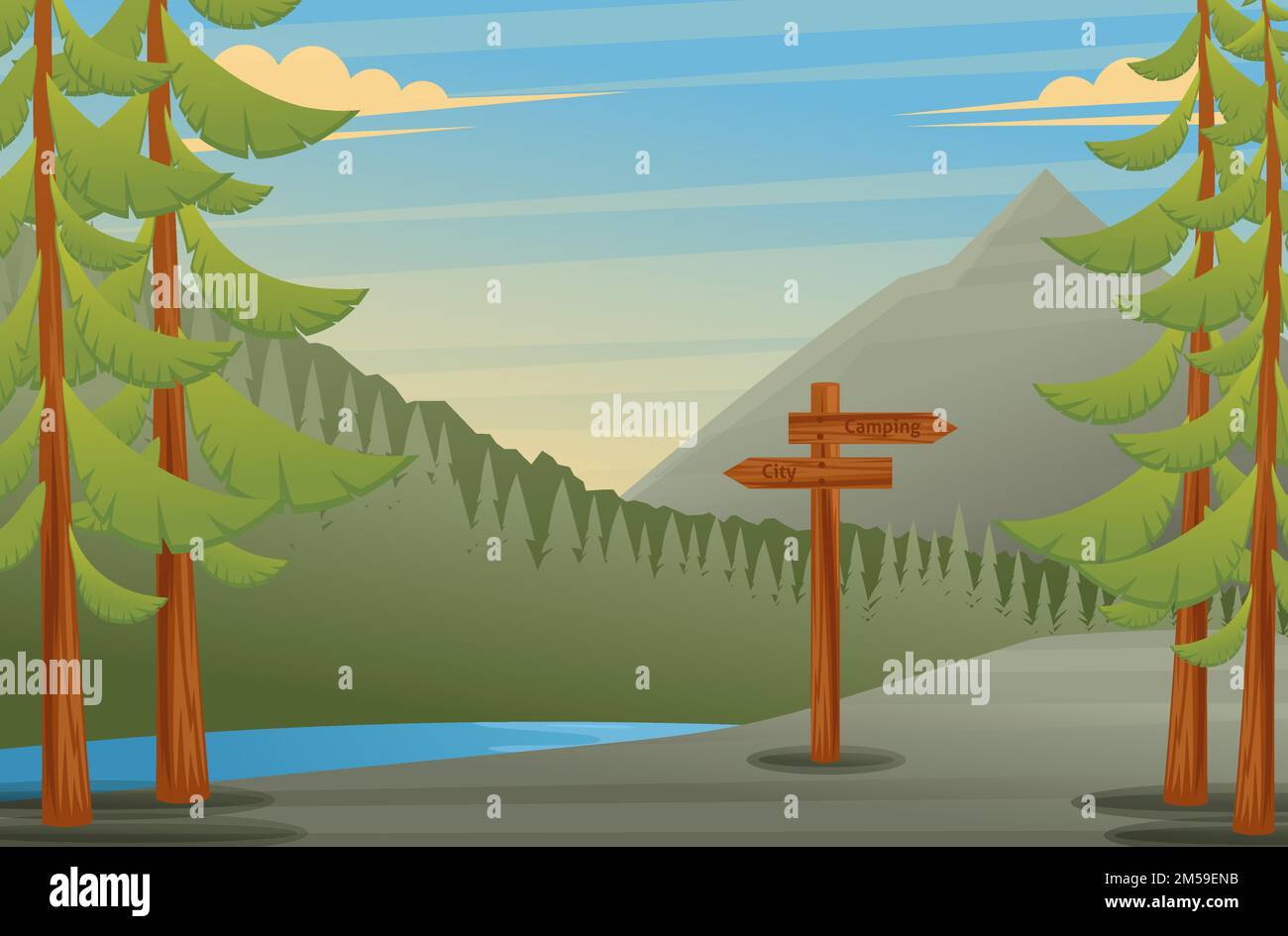 Vector illustration of a forest view with a pointer for camping. For create a landing Page. Stock Vector
