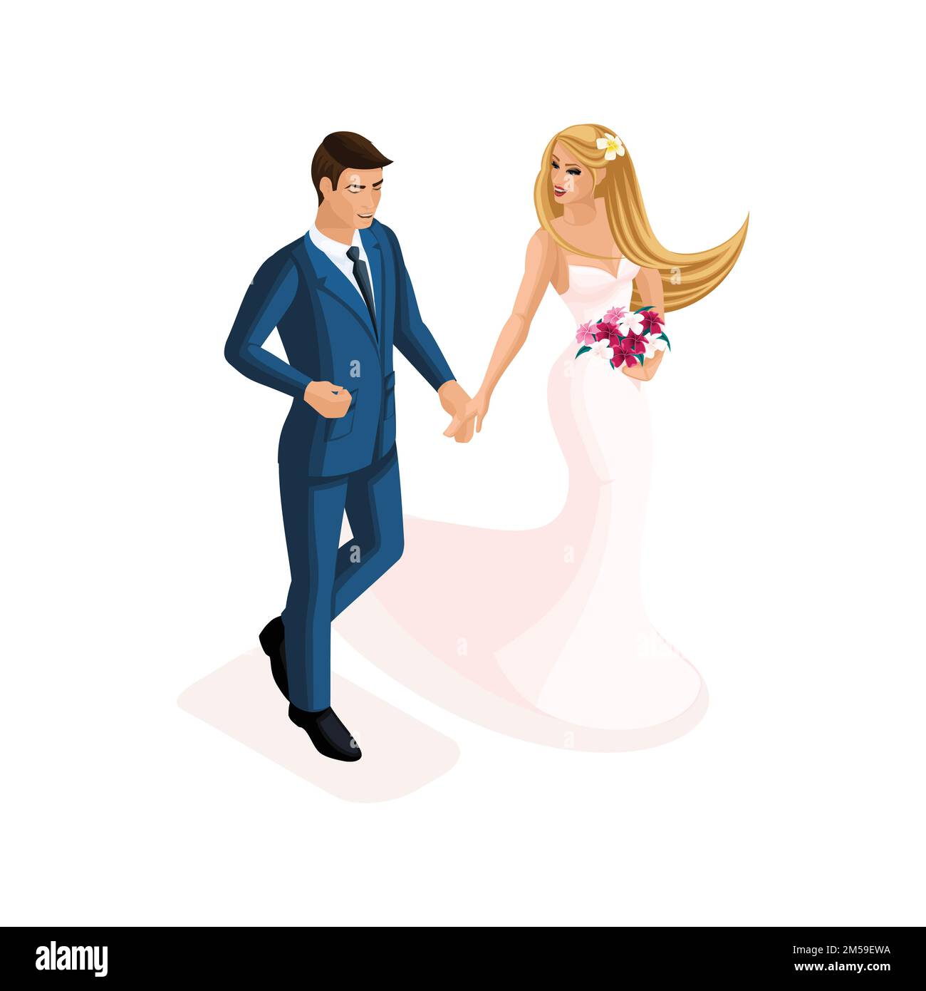Isometry of a man and a woman at a marriage, the bride and groom in a gently pink wedding dress. Man in suit, girl with flowers. Stock Vector