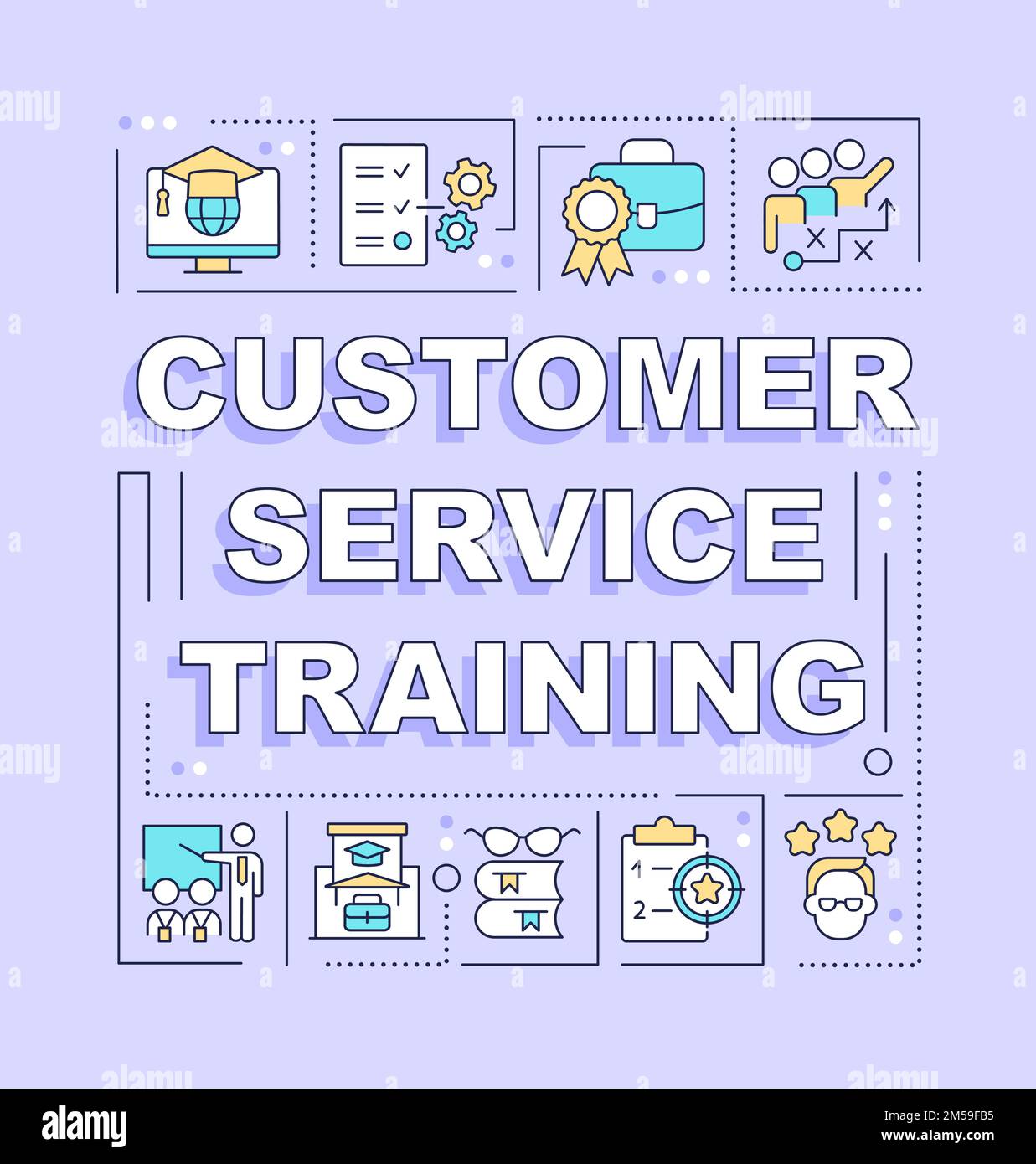 Customer service training word concepts purple banner Stock Vector