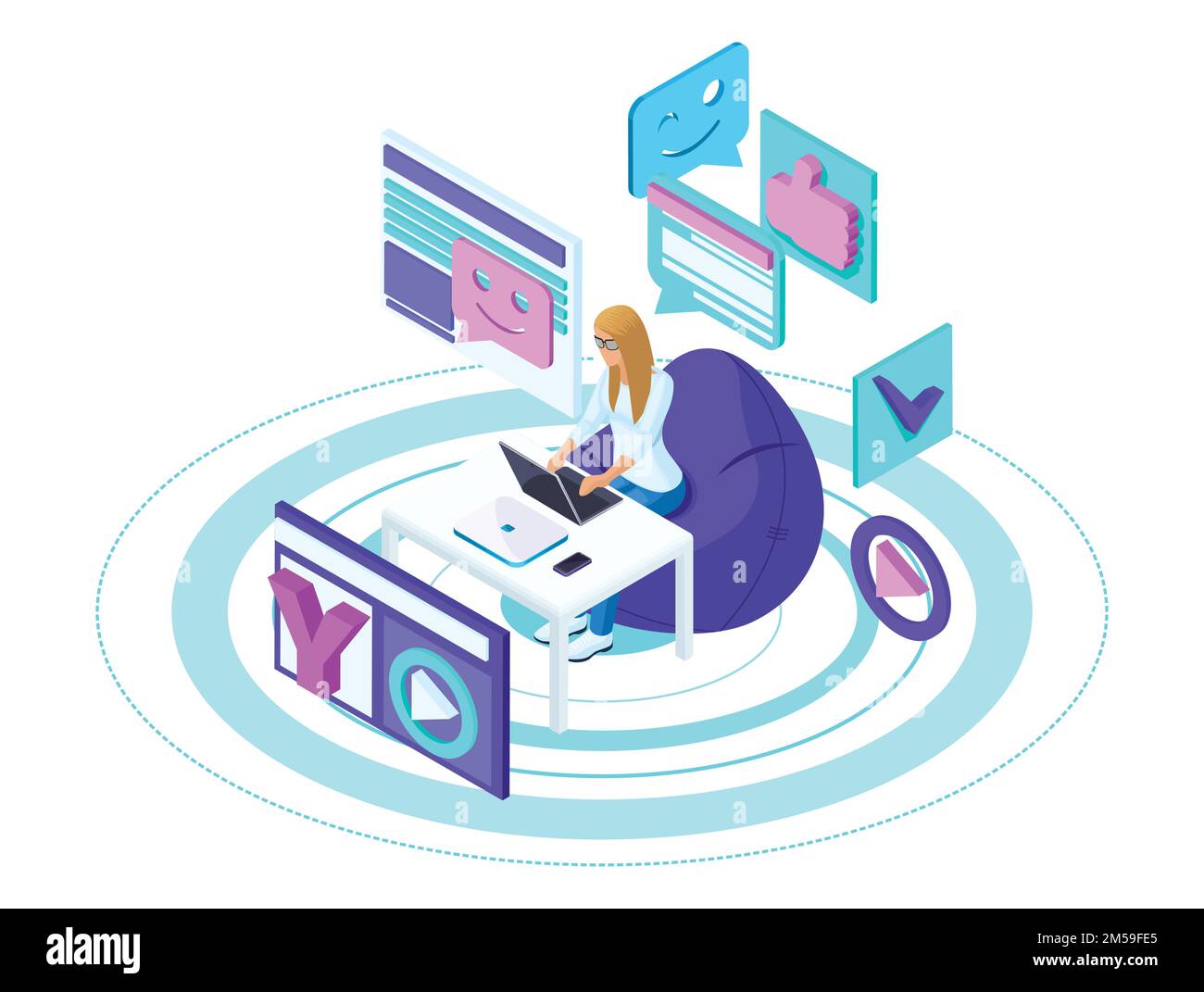 Isometry is a young girl with a smartphone, keeps her blog on the social network, records and watches video, talks to friends. Advertising concept. Stock Vector