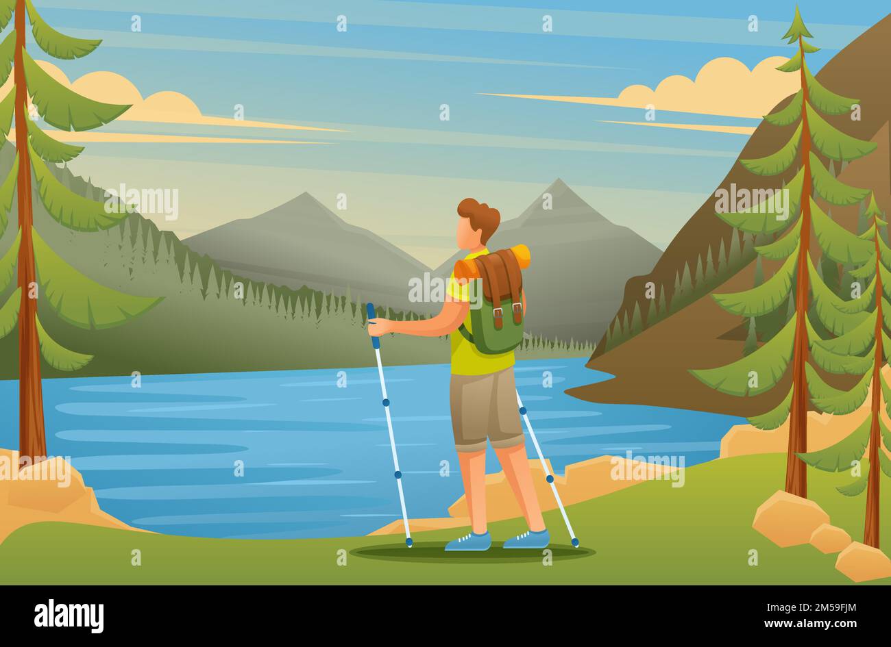 Young man admires the beauty of nature on the lake. Flat 2D character. Vector illustration. Stock Vector