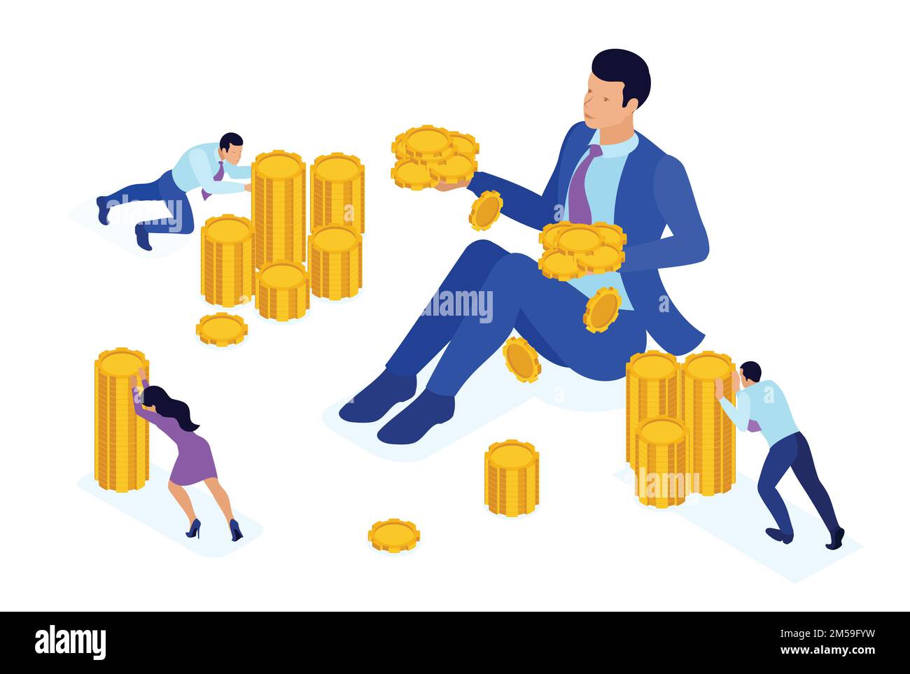 Isometric Bright concept microfinance organization, big businessman holding a lot of money. Concept for web. Stock Vector