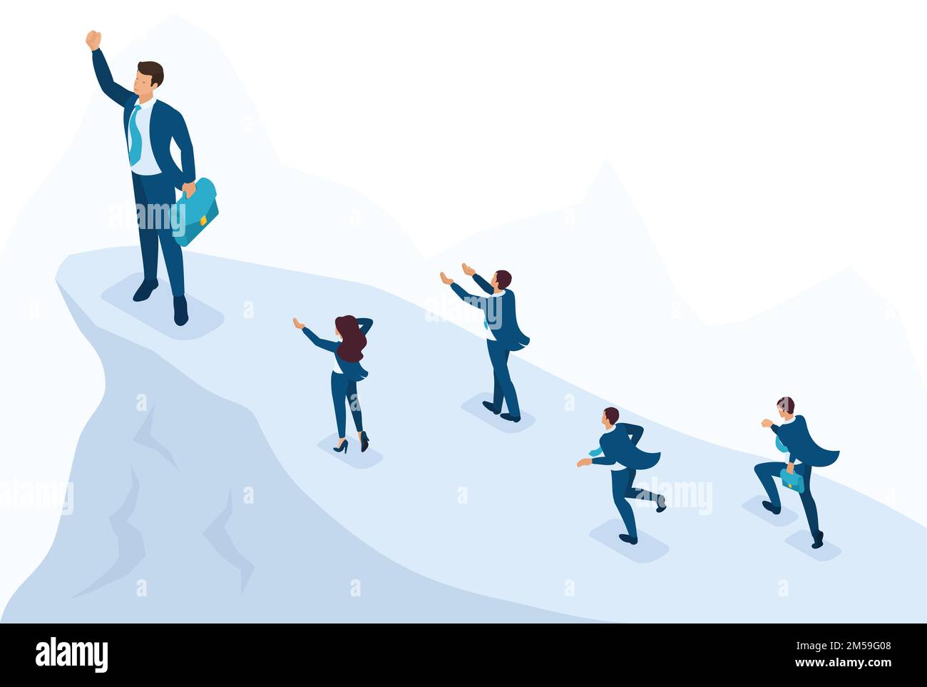 Isometric Bright site concept Big businessman at the top symbolizes leadership and success, people follow him. Concept for web design. Stock Vector
